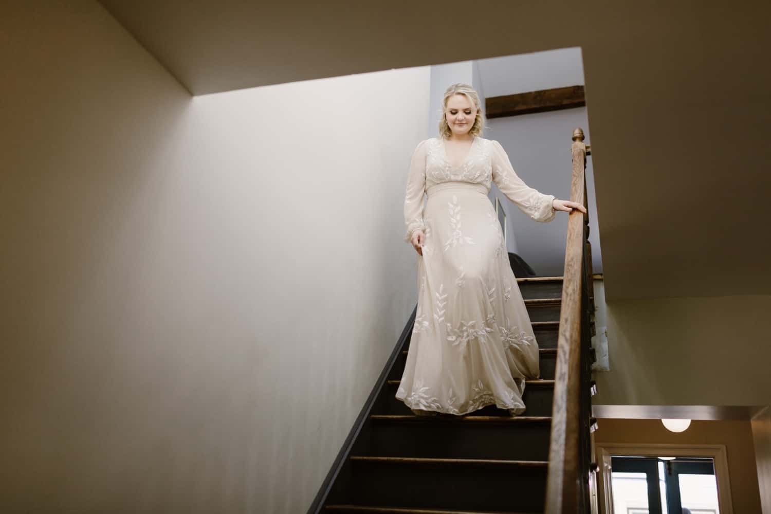 Senate Garage, Bride walking down the stairs 