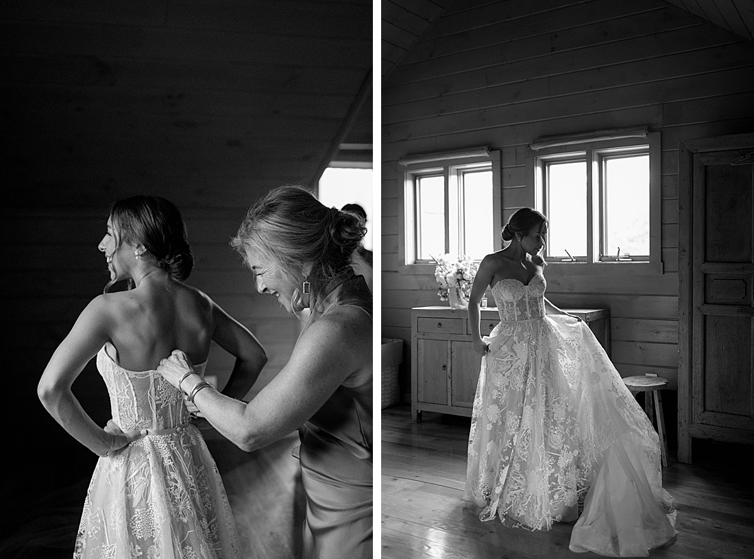 Bride is putting on a dress before the wedding ceremony at Oz Farm 